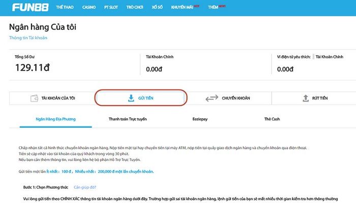 Hướng dẫn cách gửi tiền vào Fun88 chỉ trong 3 bước thực hiện